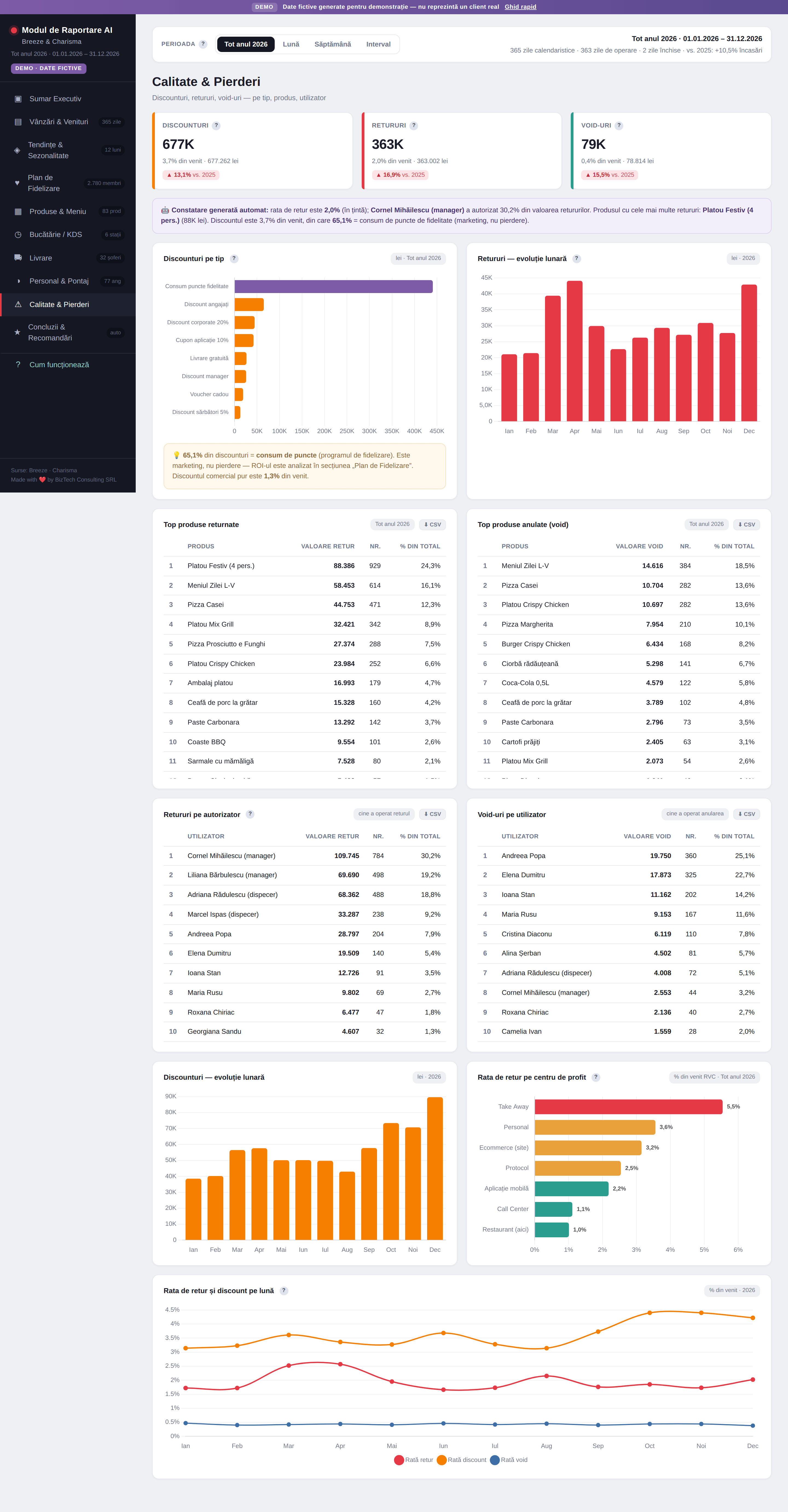Secțiunea Calitate și pierderi din dashboard